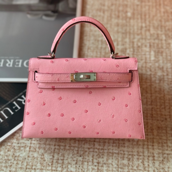 【エルメス HERMES】ミニケリー2 ローズバブルガム (L4) オーストリッチ シルバー金具 （100％手縫）